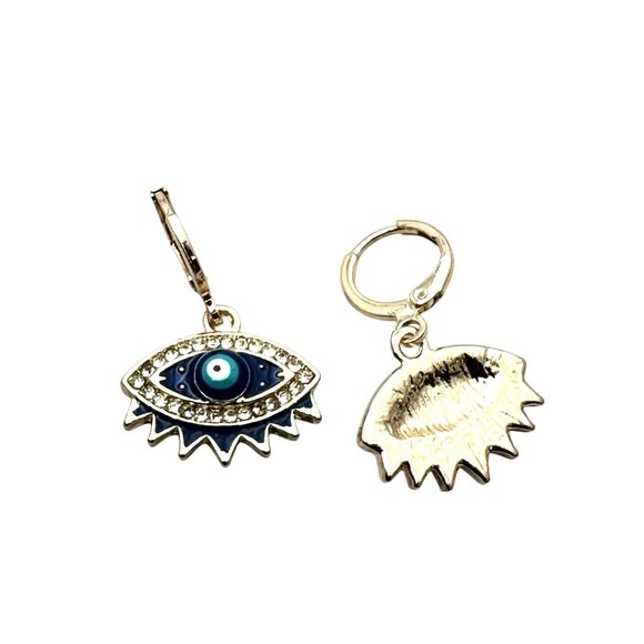 Evil Eye Blue Enamel Gold Tone Pierced Chandelier Earrings 1 Inch New - Picture 3 of 3